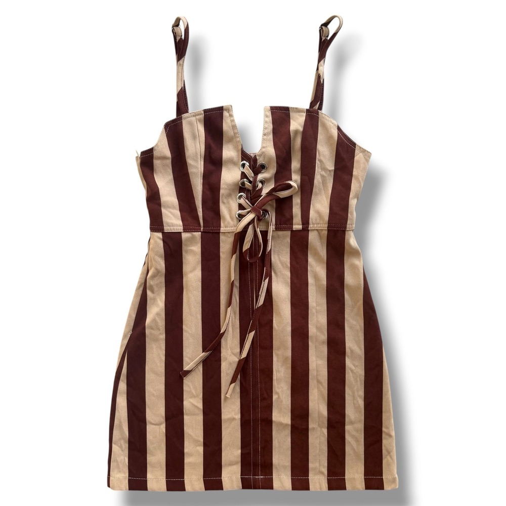 Shangmei Women S Brown Tan Stripe Adjustable Straps Retro Lace Up Mini Dress Y2K